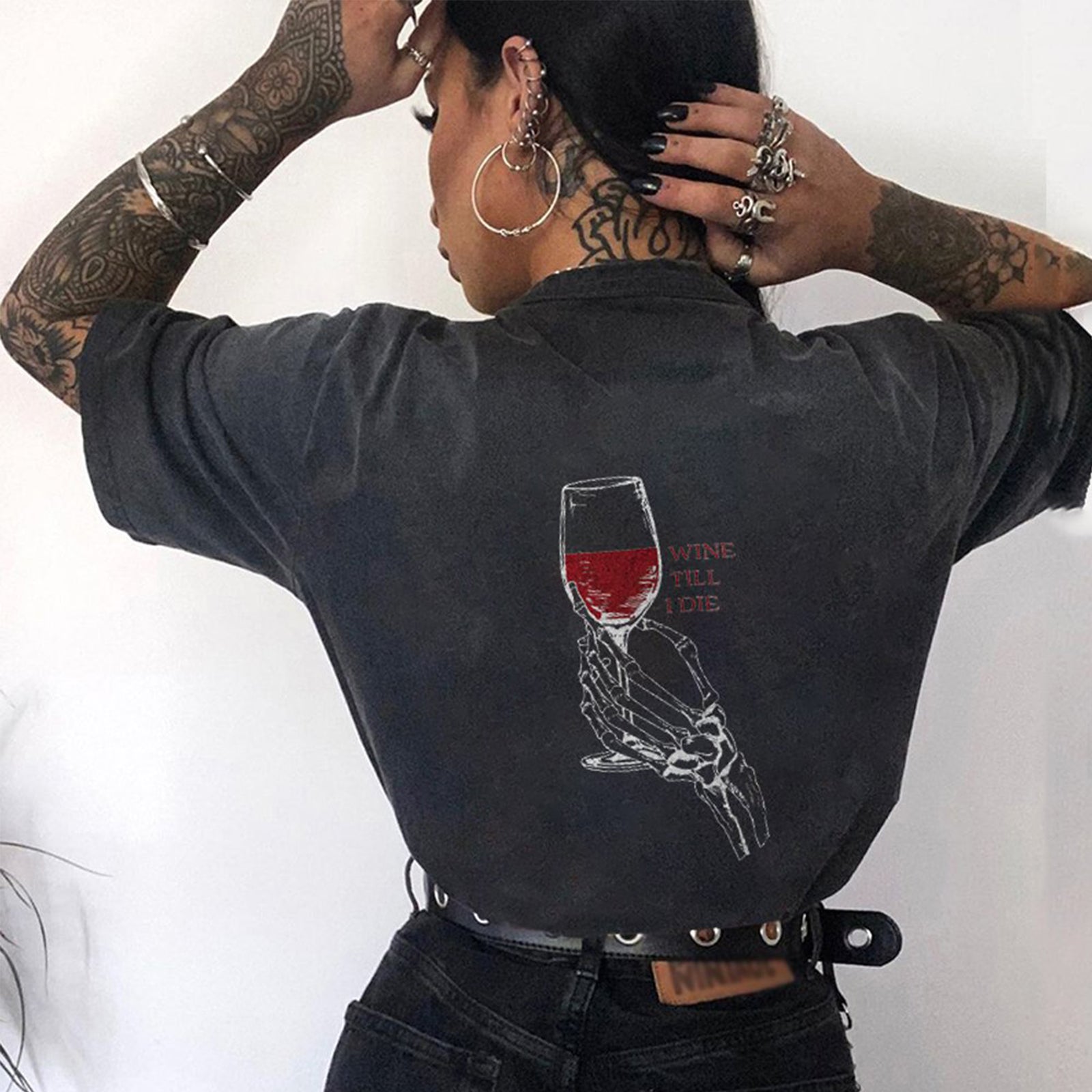 Minnieskull Wine Till I Die Skull Hand Printed Women Casual Plus T-Shirt - chicyea