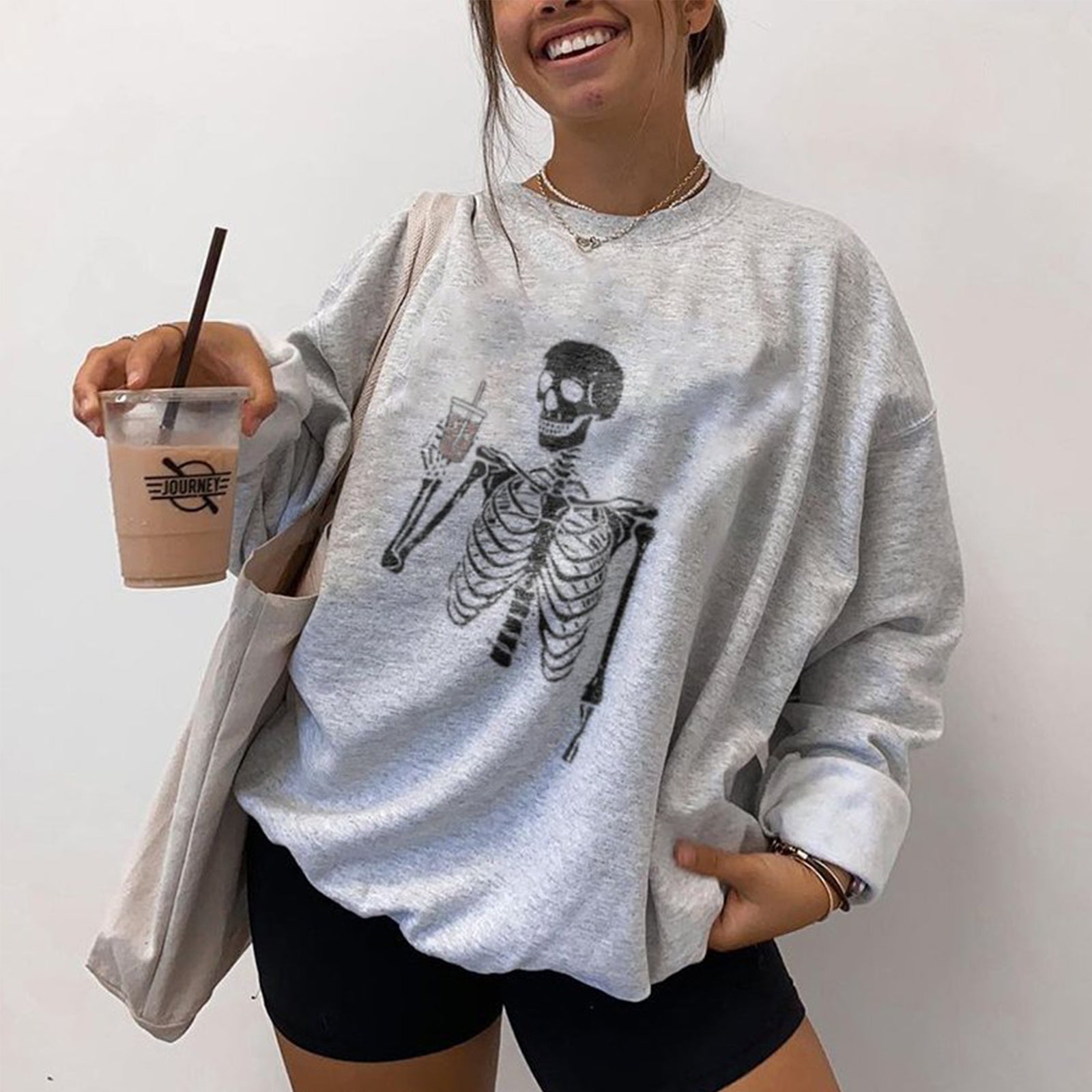 Minnieskull Skull Drink Milk Tea Printed Women Plus Sweatshirt - chicyea