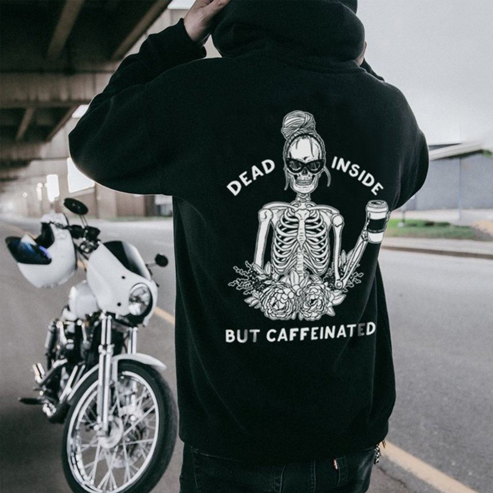 Minnieskull Dead Inside But Caffeinated Skull Printed Women Hoodie - chicyea