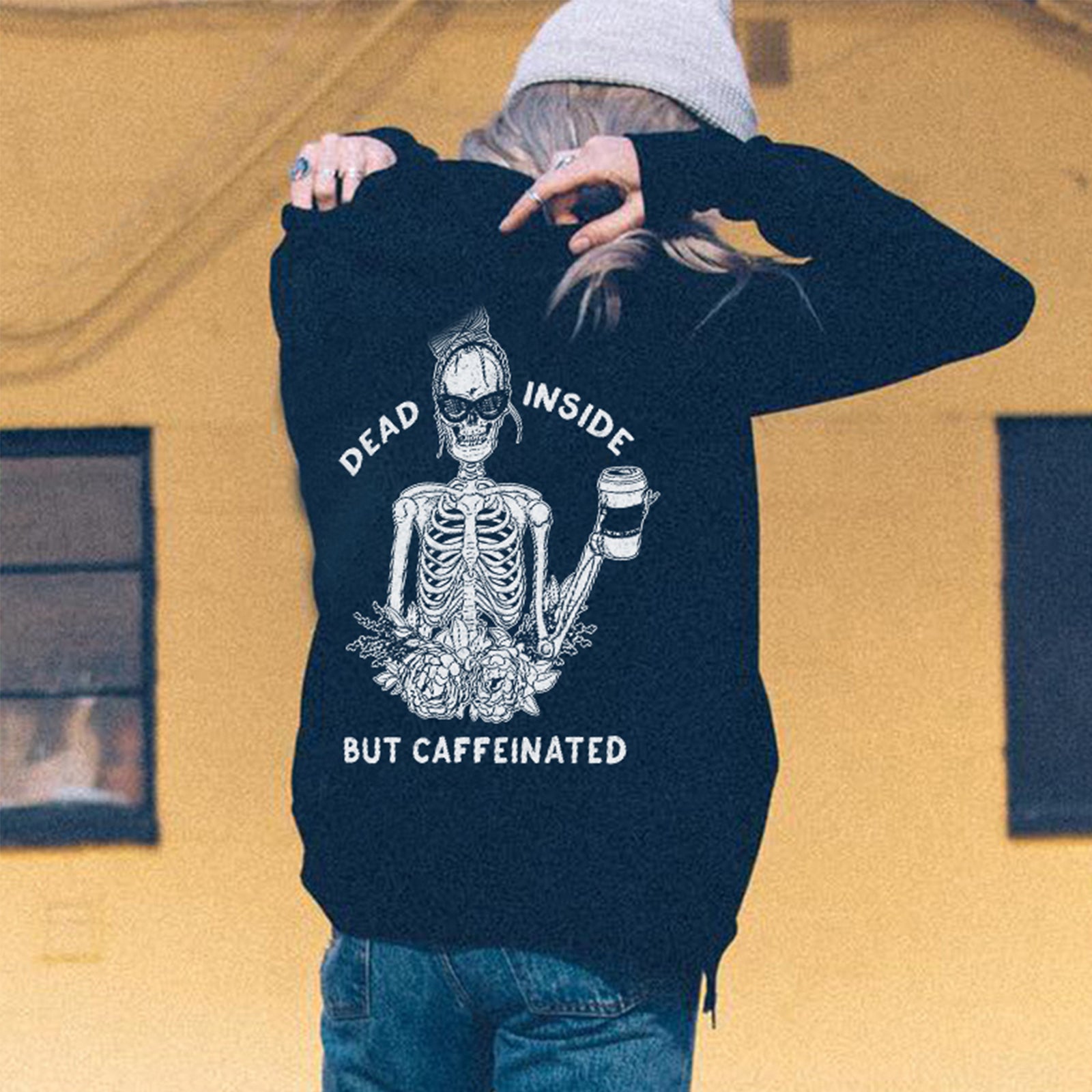 Minnieskull Dead Inside But Caffeinated Skull Printed Women Hoodie - chicyea