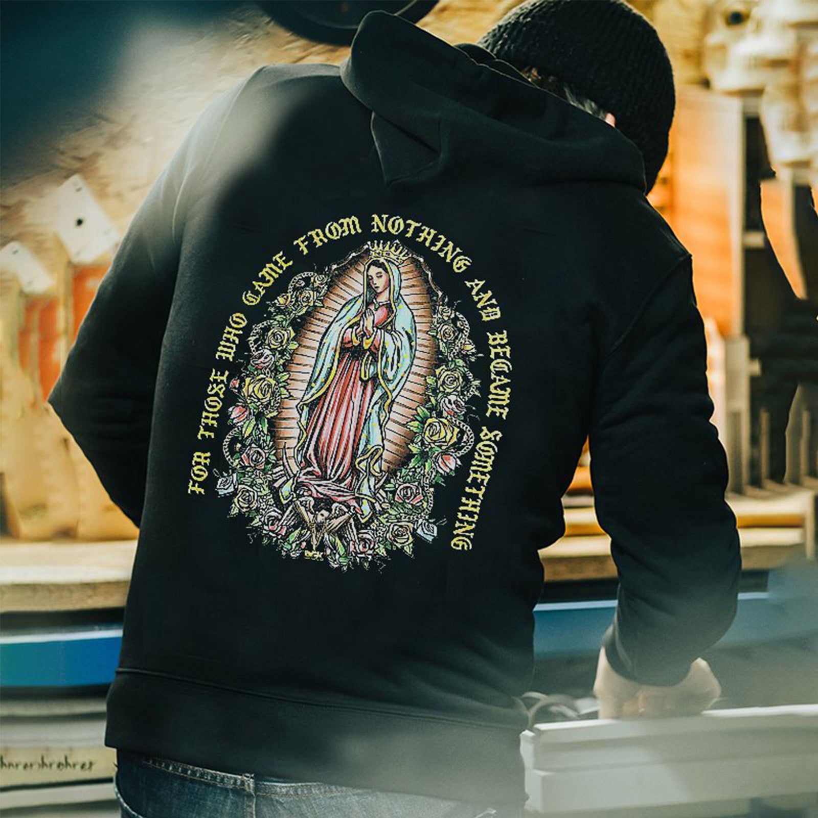 Uprandy Virgin Mary Letter Printed Men Cool Hoodie - chicyea
