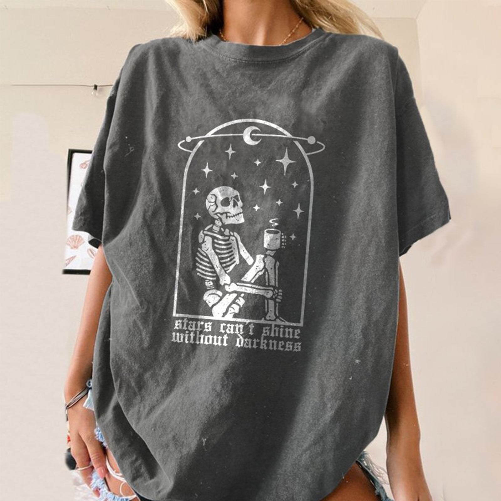 Minnieskull Cool Stars Can'T Shine Without Darkness Skeleton Print Plus T-Shirt - chicyea