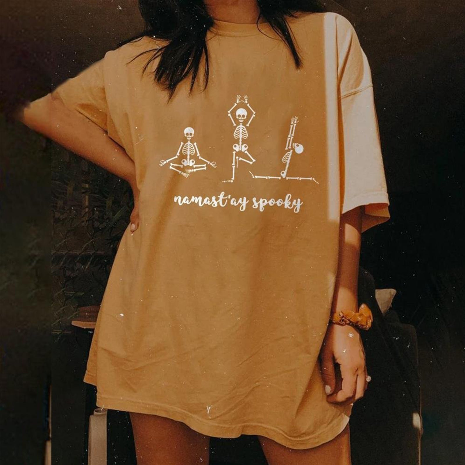 Minnieskull Cool Namast'Ay Spooky Skeletons Print Plus T-Shirt - chicyea