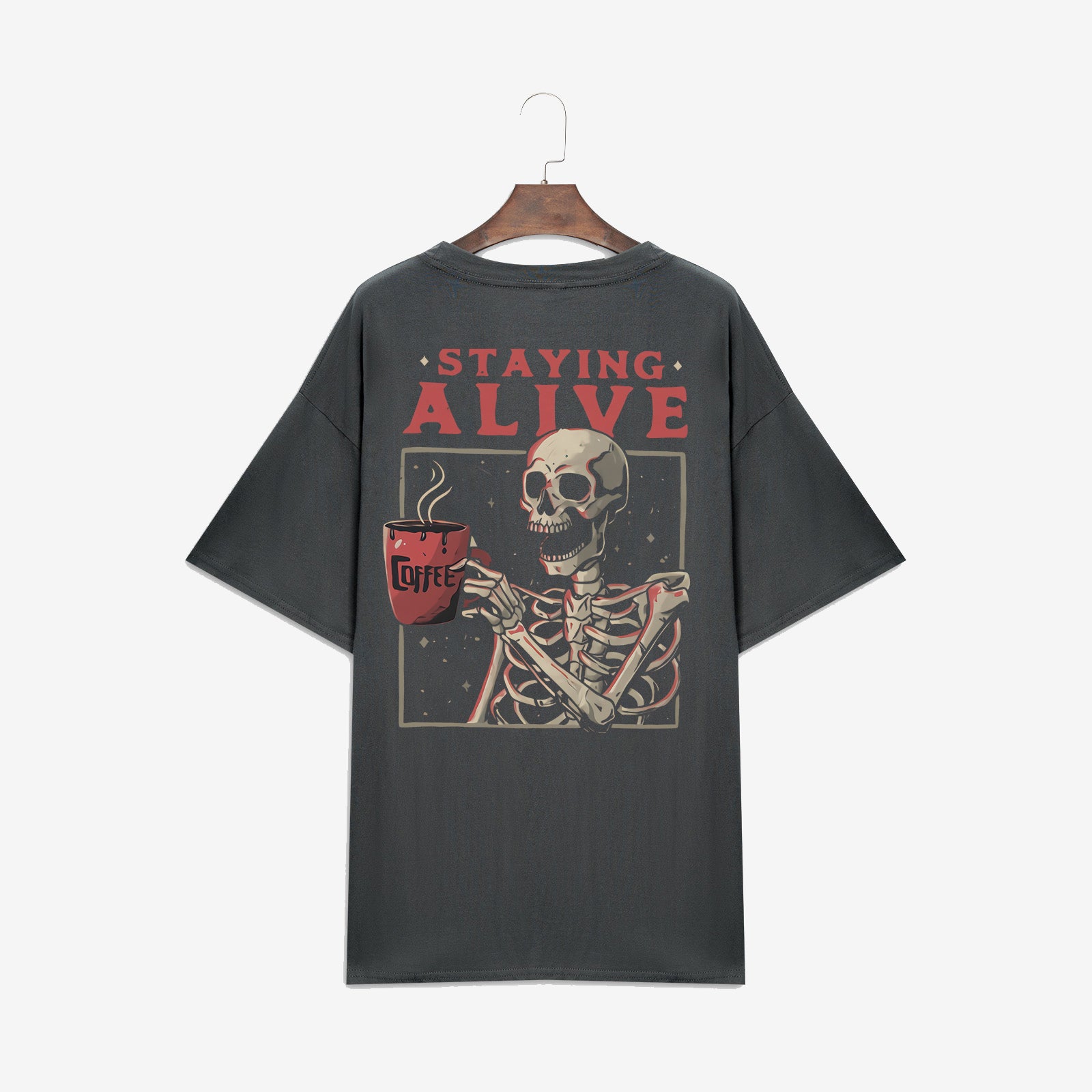 Minnieskull Cool Staying Alive Skeleton Coffee Print Plus T-Shirt - chicyea