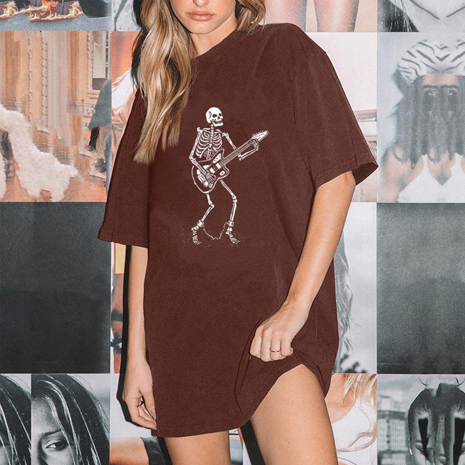 Minnieskull Skull Playing Guitar Print Plus T-Shirt - chicyea