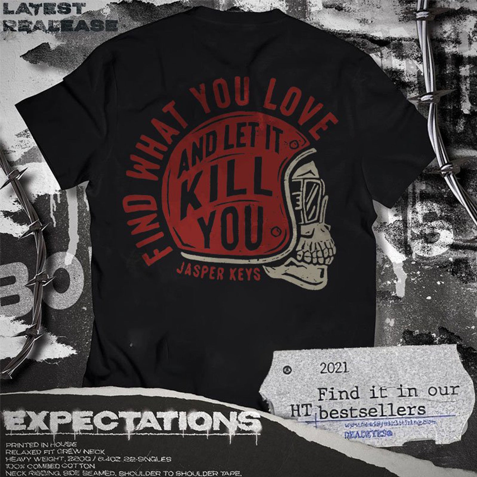 Uprandy Find What You Love Skull Helmet Print T-Shirt - chicyea