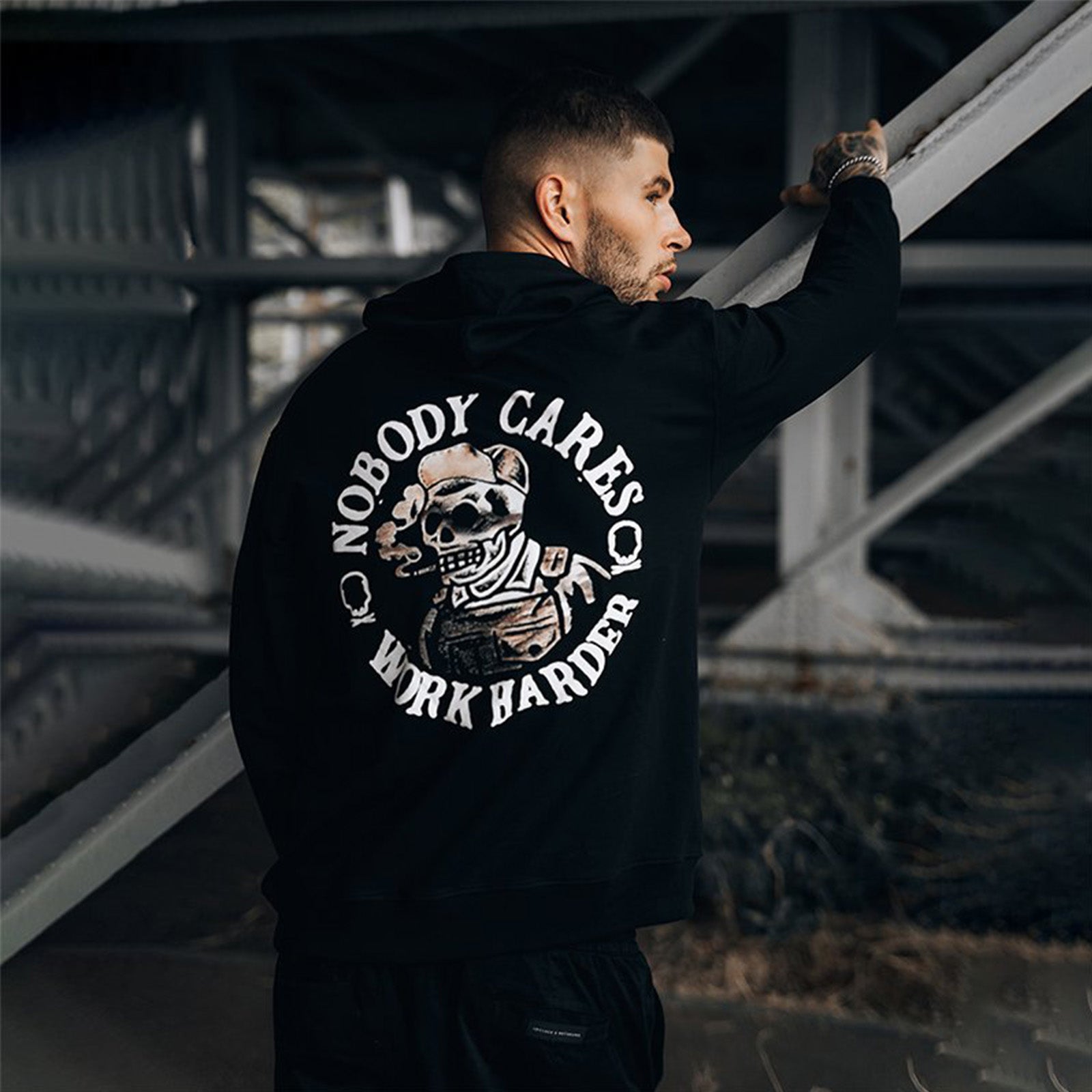 Uprandy Nobody Cares Work Harder Skull Printed Men Plus Hoodie - chicyea