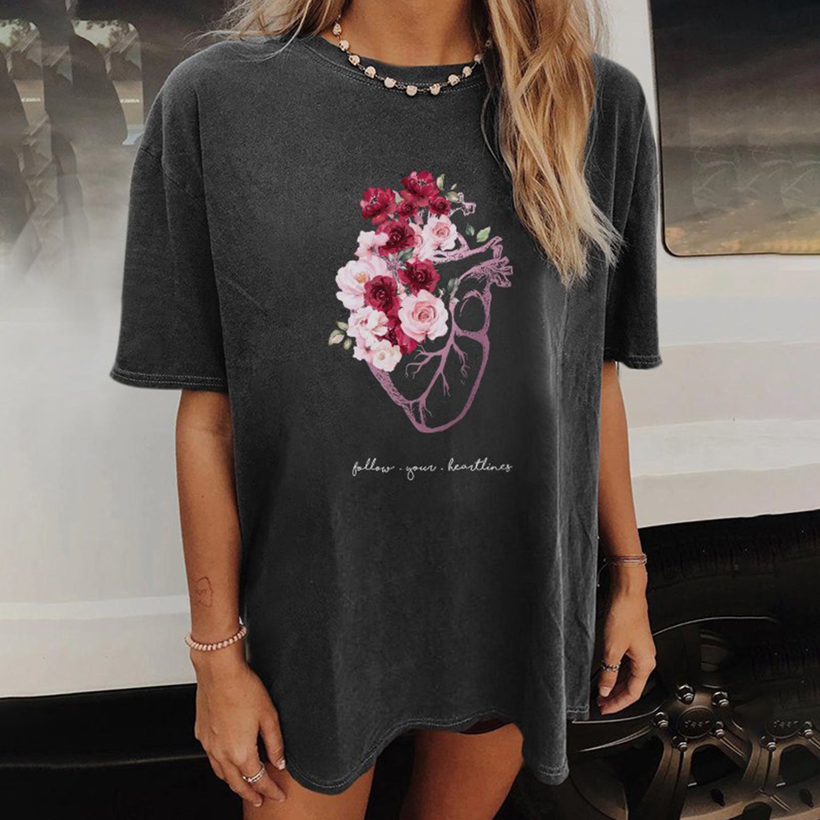 Neojana Designer Blossom Heart Print T-Shirt - chicyea