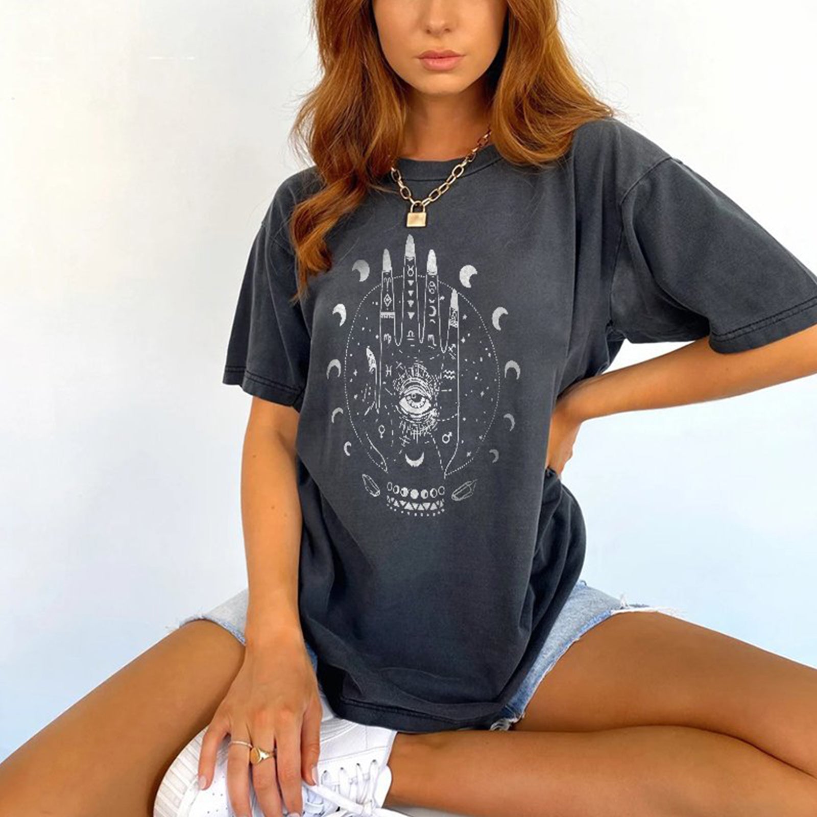 Neojana Eyes Hand Moon Print Ladies T-Shirt - chicyea