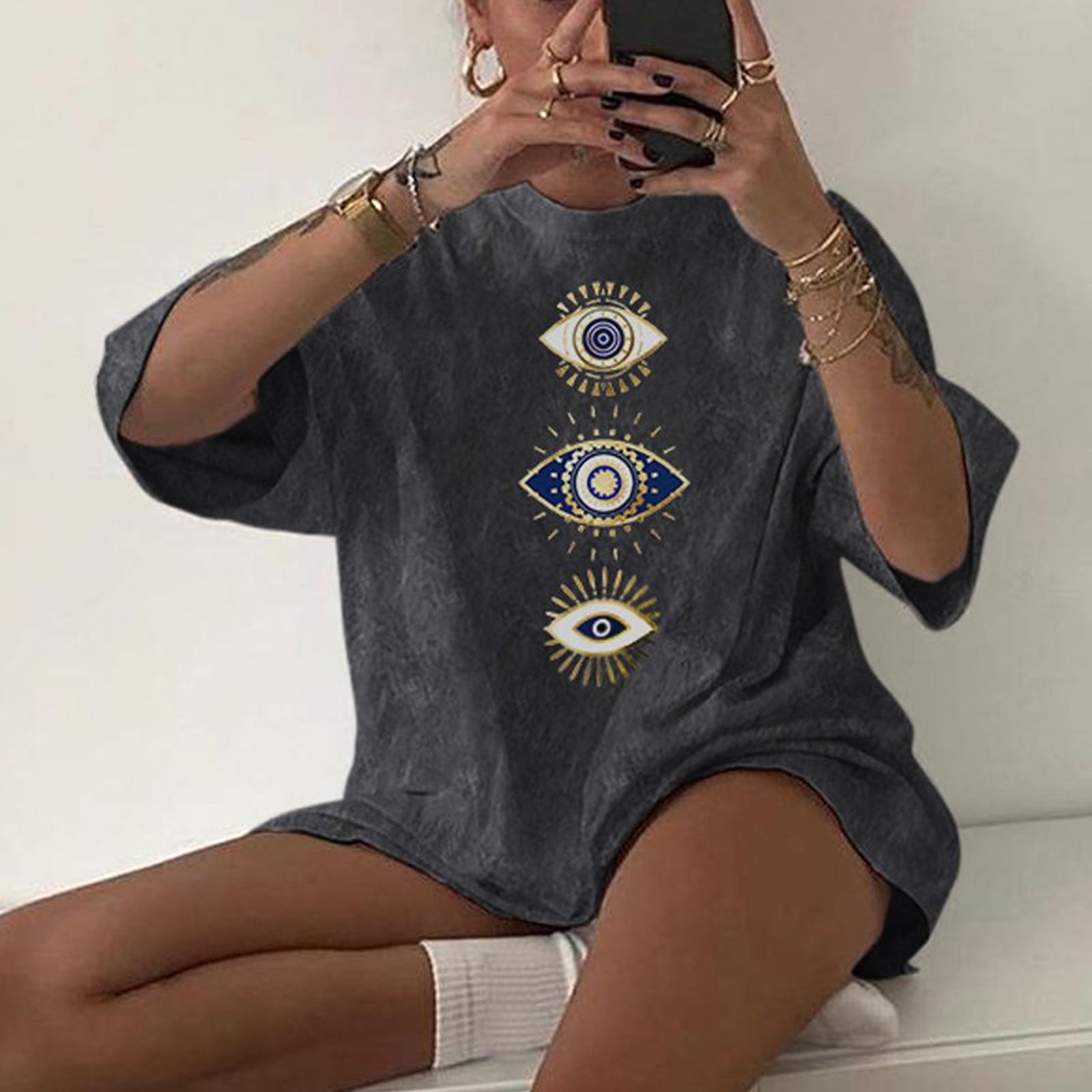Neojana Evil Eye Print Comfortable T-Shirt - chicyea