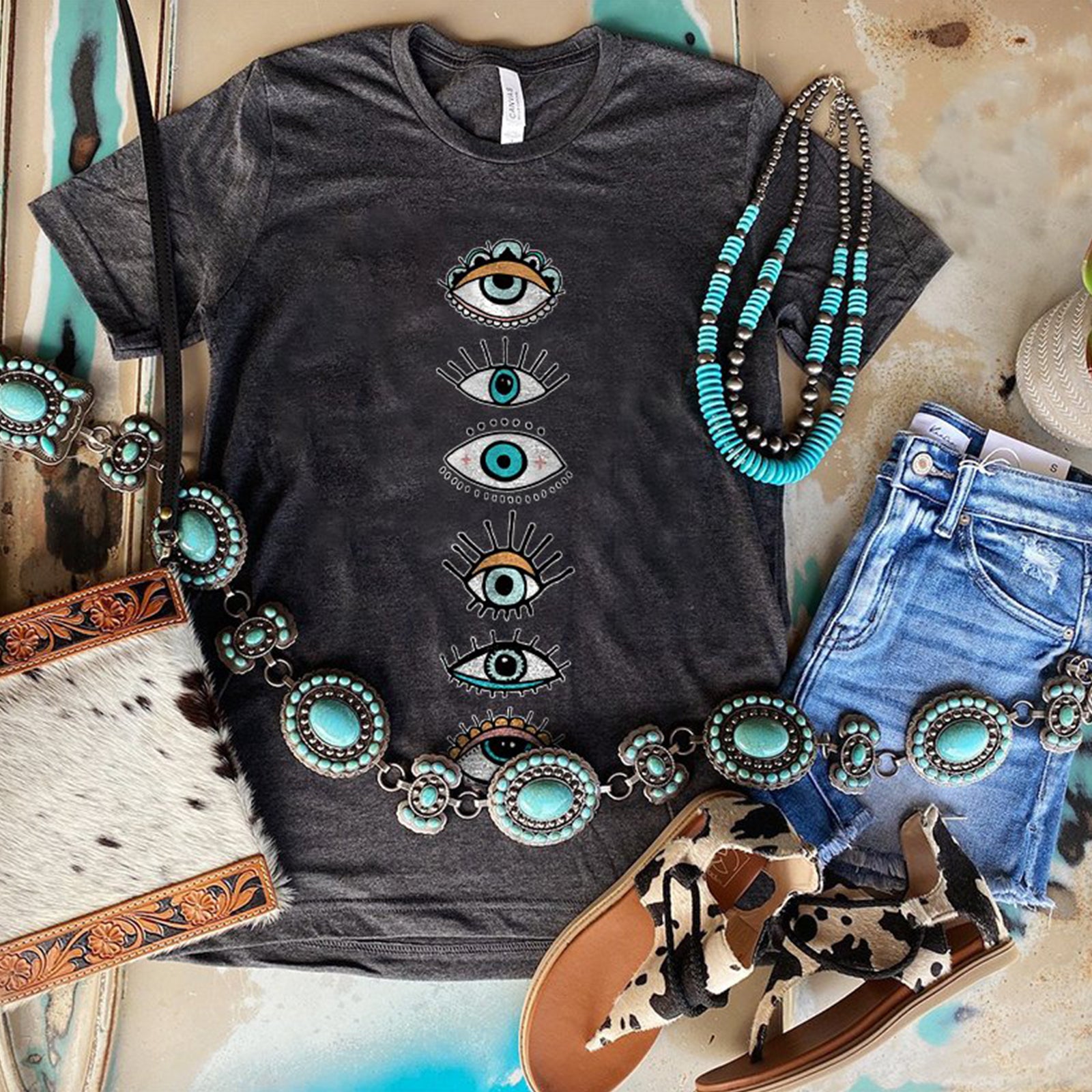 Neojana Evil Eyes Print Short Sleeve Women T-Shirt - chicyea