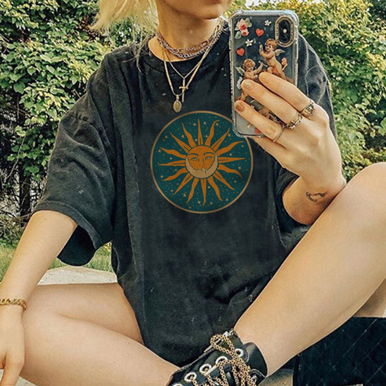 Neojana Casual Crewneck Sun Print T-Shirt - chicyea