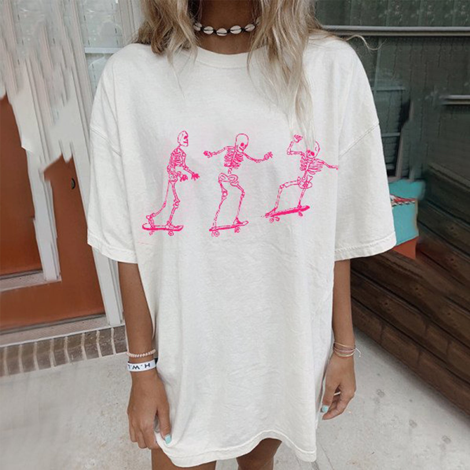 Neojana Plus Crewneck Short Sleeve Skeleton Print T-Shirt - chicyea