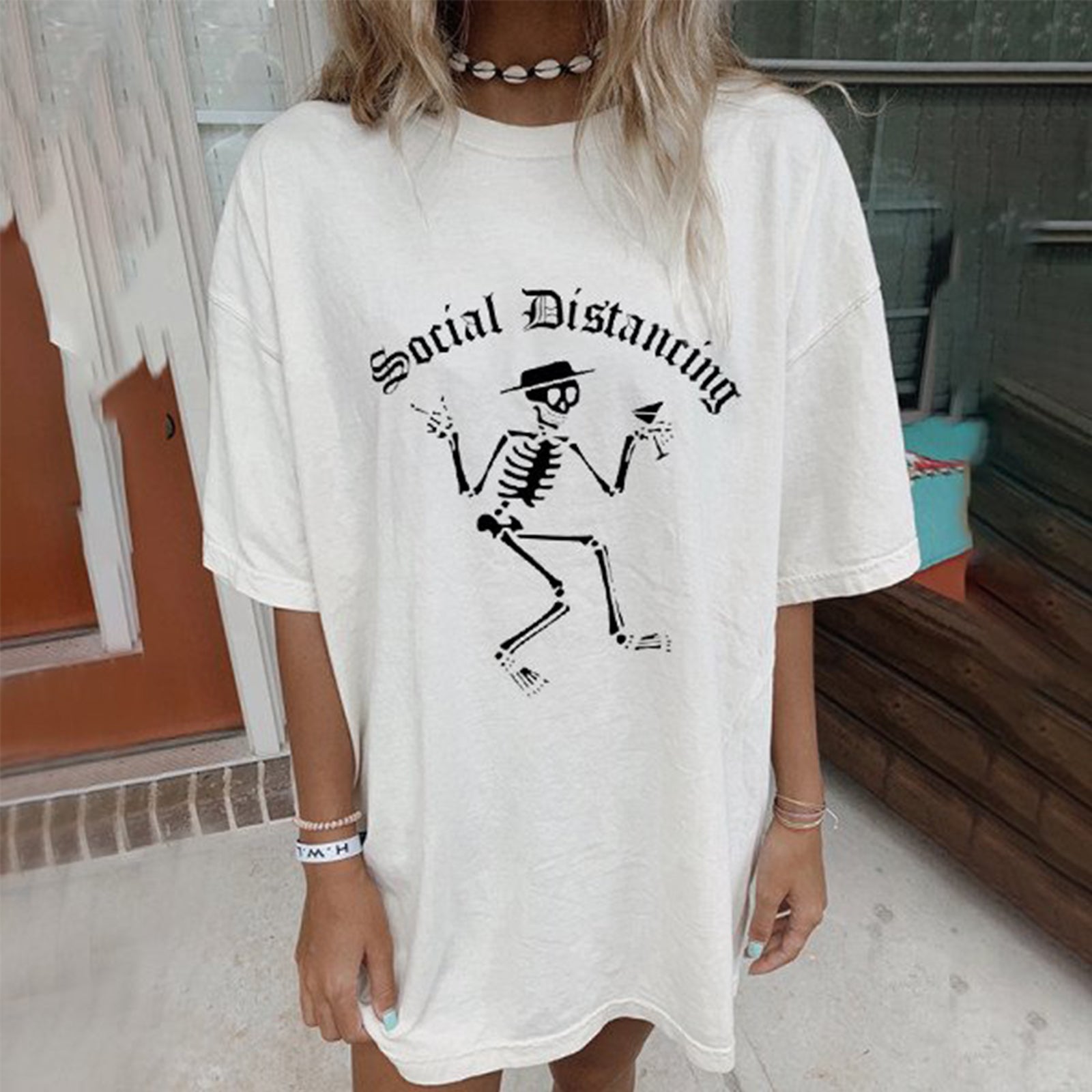 Neojana White Skull Letter Print Casual T-Shirt - chicyea