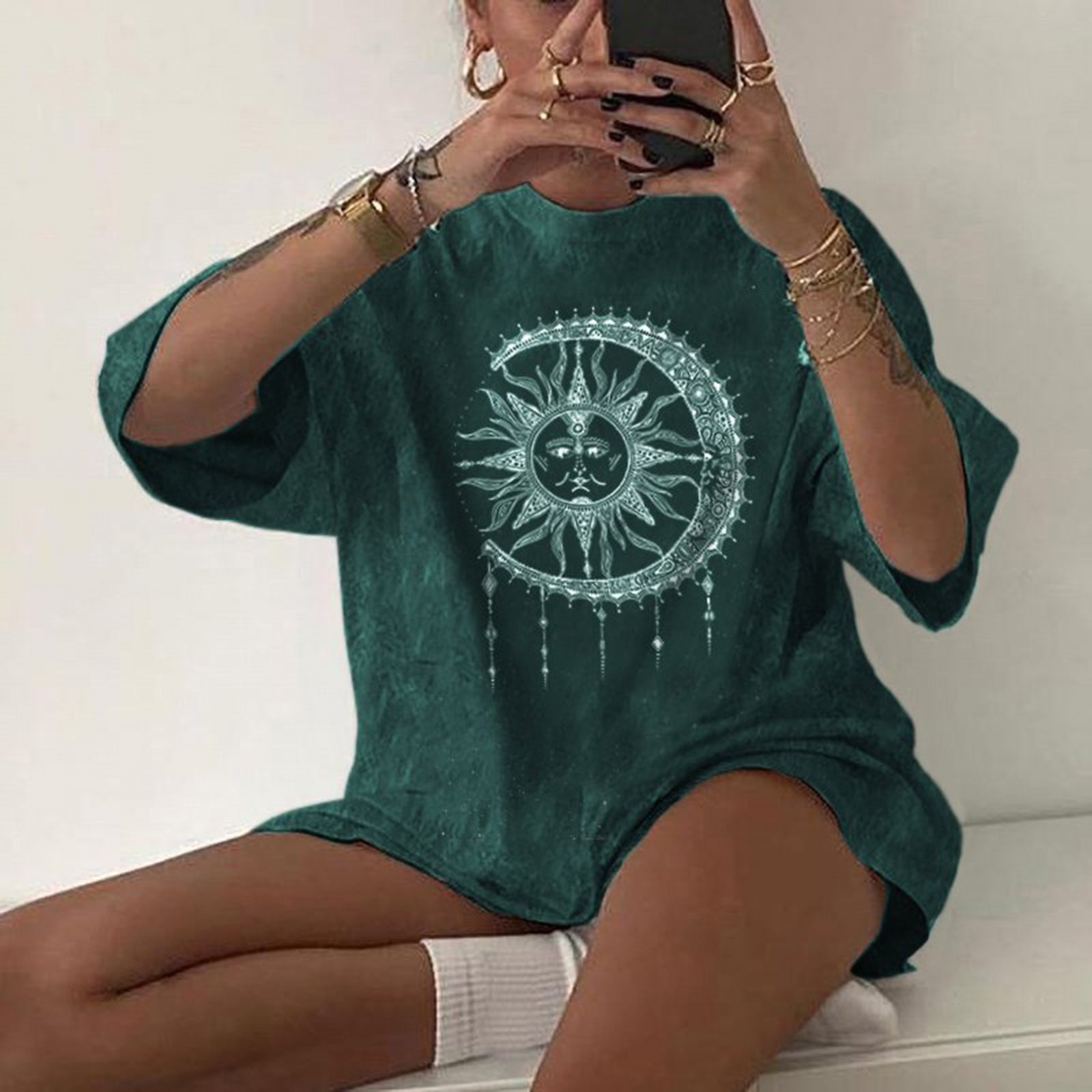Neojana Sun Moon Pattern Women T-Shirt - chicyea
