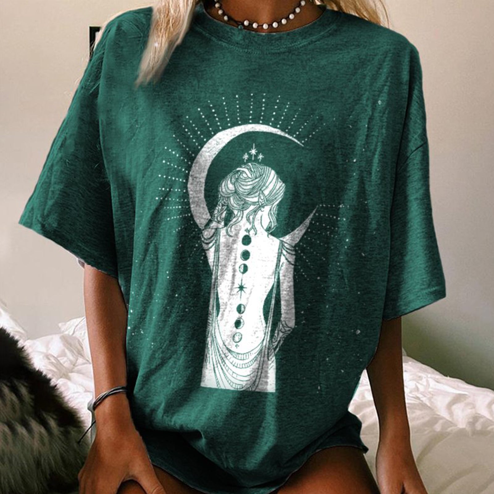 Neojana Beautiful Woman Moon Print Designer T-Shirt - chicyea