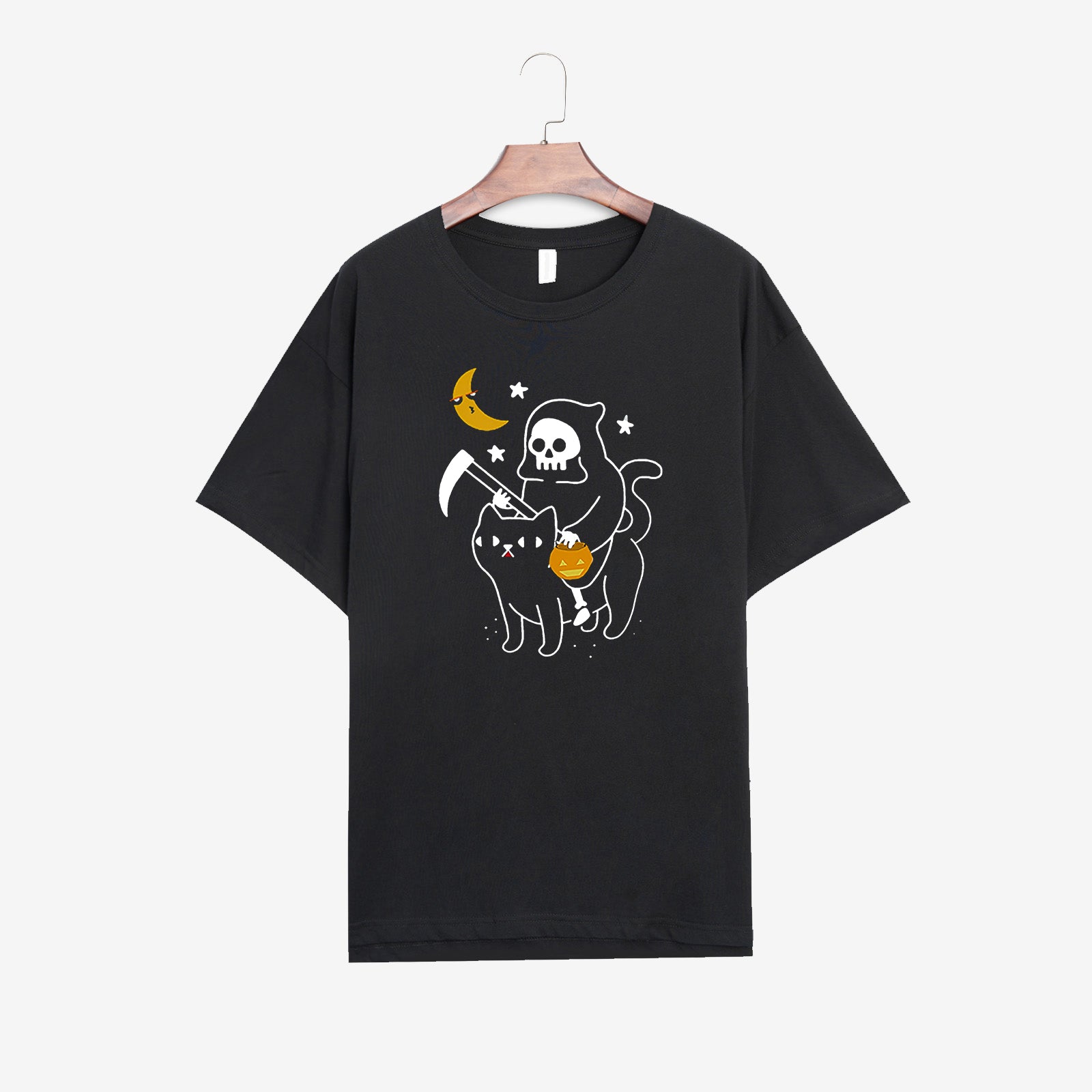 Neojana Halloween Skull Cat Print T-Shirt - chicyea