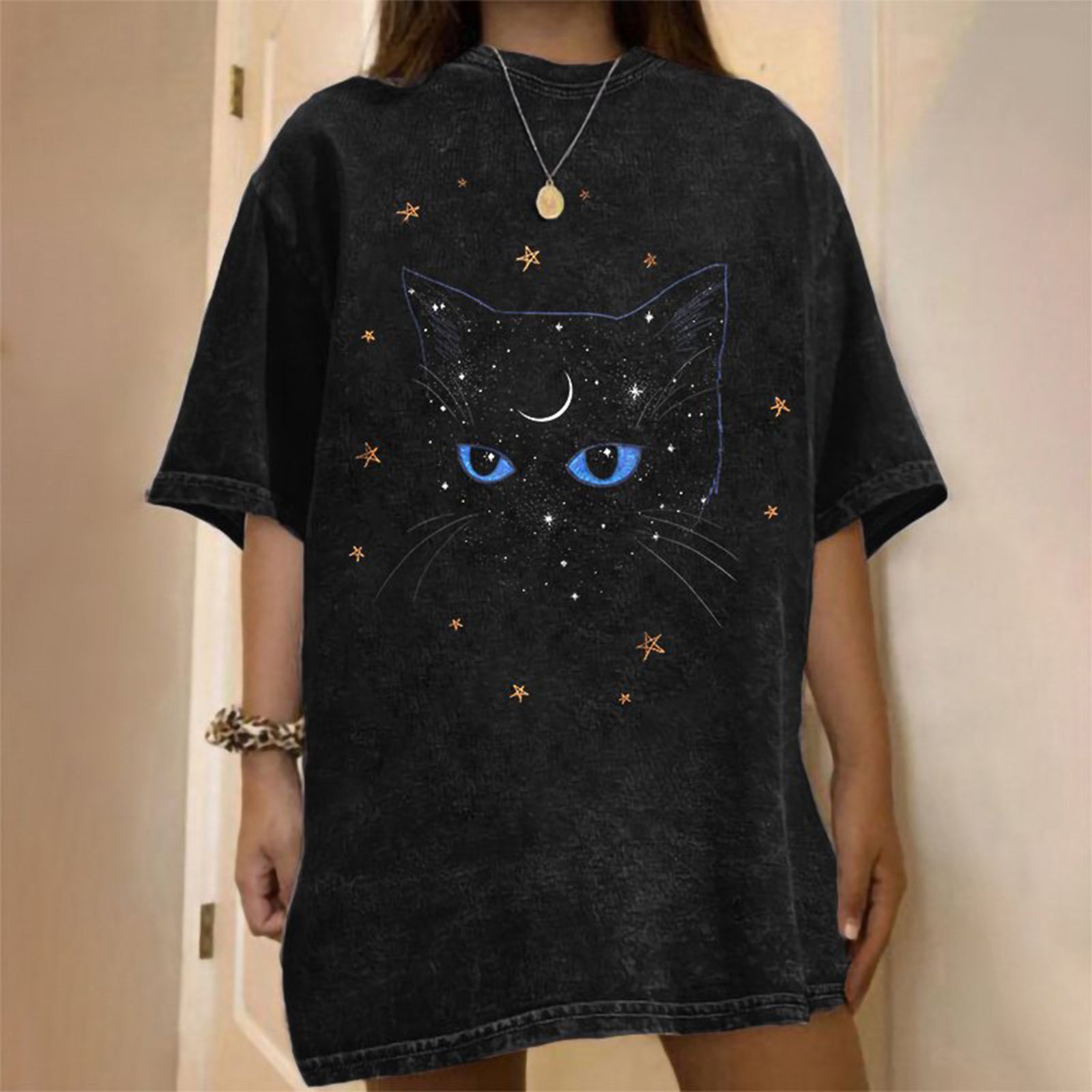 Neojana Designer Moon Cat Print T-Shirt - chicyea
