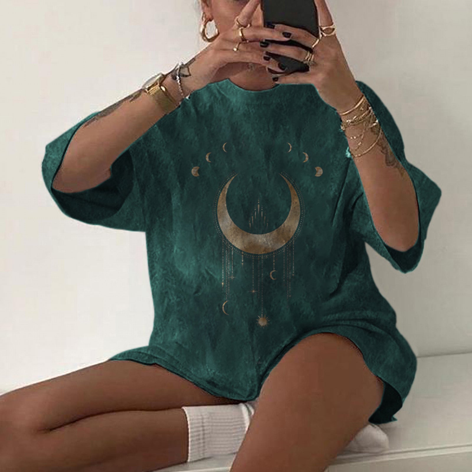 Neojana Moons Print Casual Plus Cozy T-Shirt - chicyea