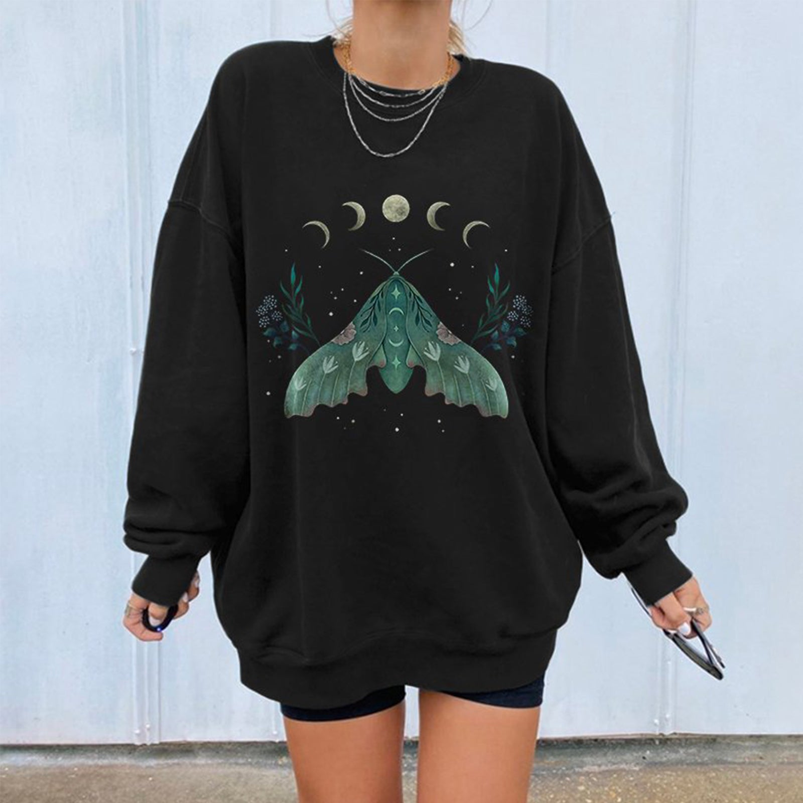 Neojana Green Moth Moons Printed Women Sweatshirt - chicyea
