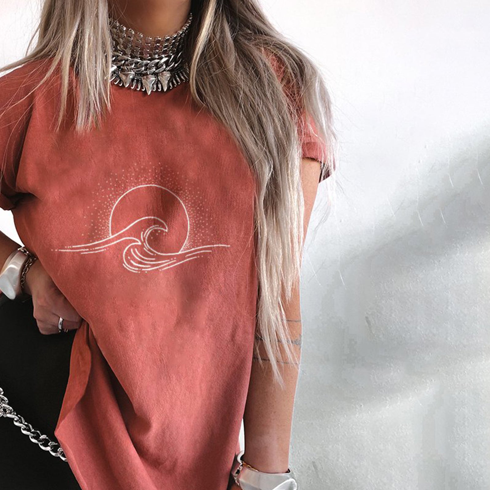 Neojana Sun On The Waves Printed Casual T-Shirt - chicyea