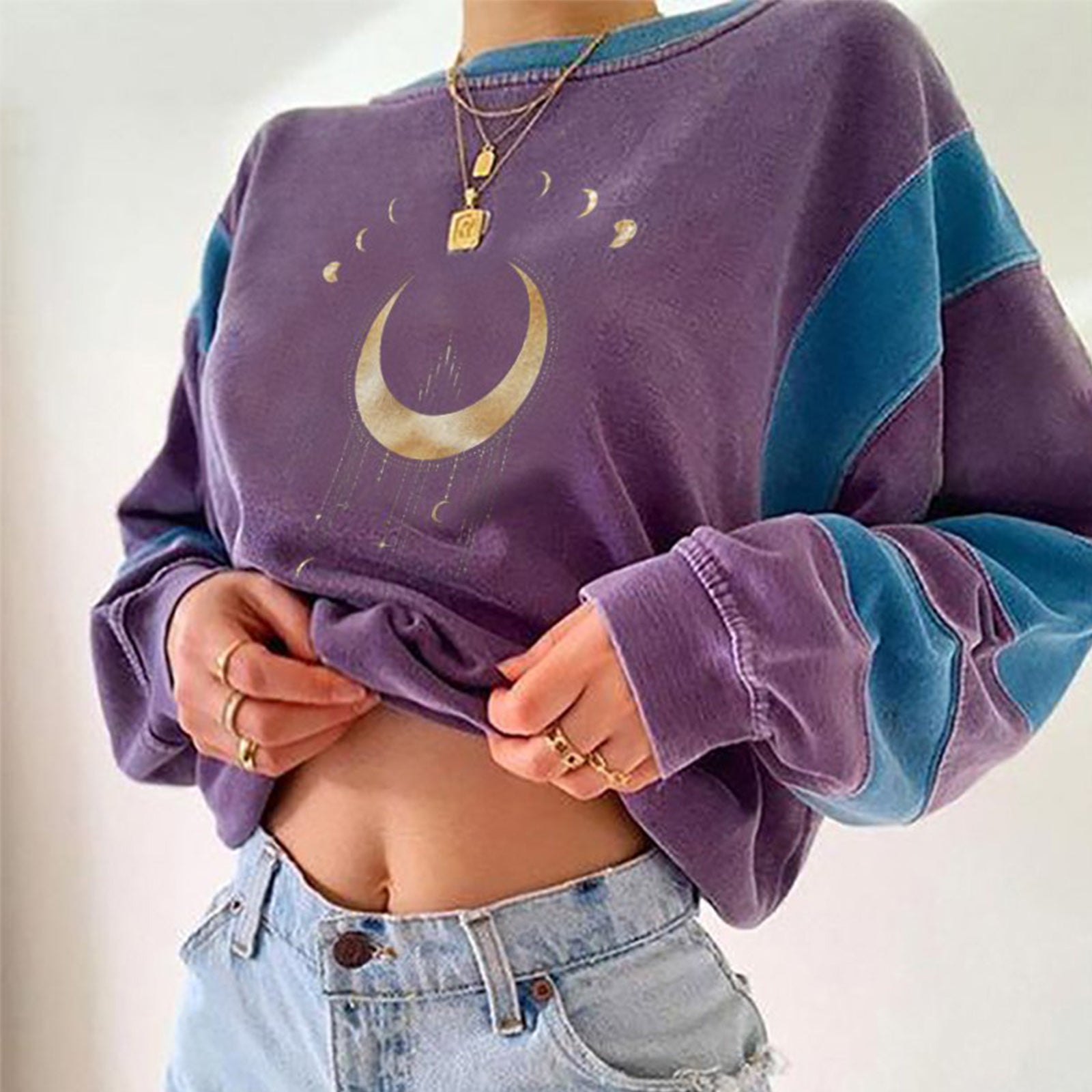 Neojana Moons Printed Color Block Casual Sweatshirt - chicyea
