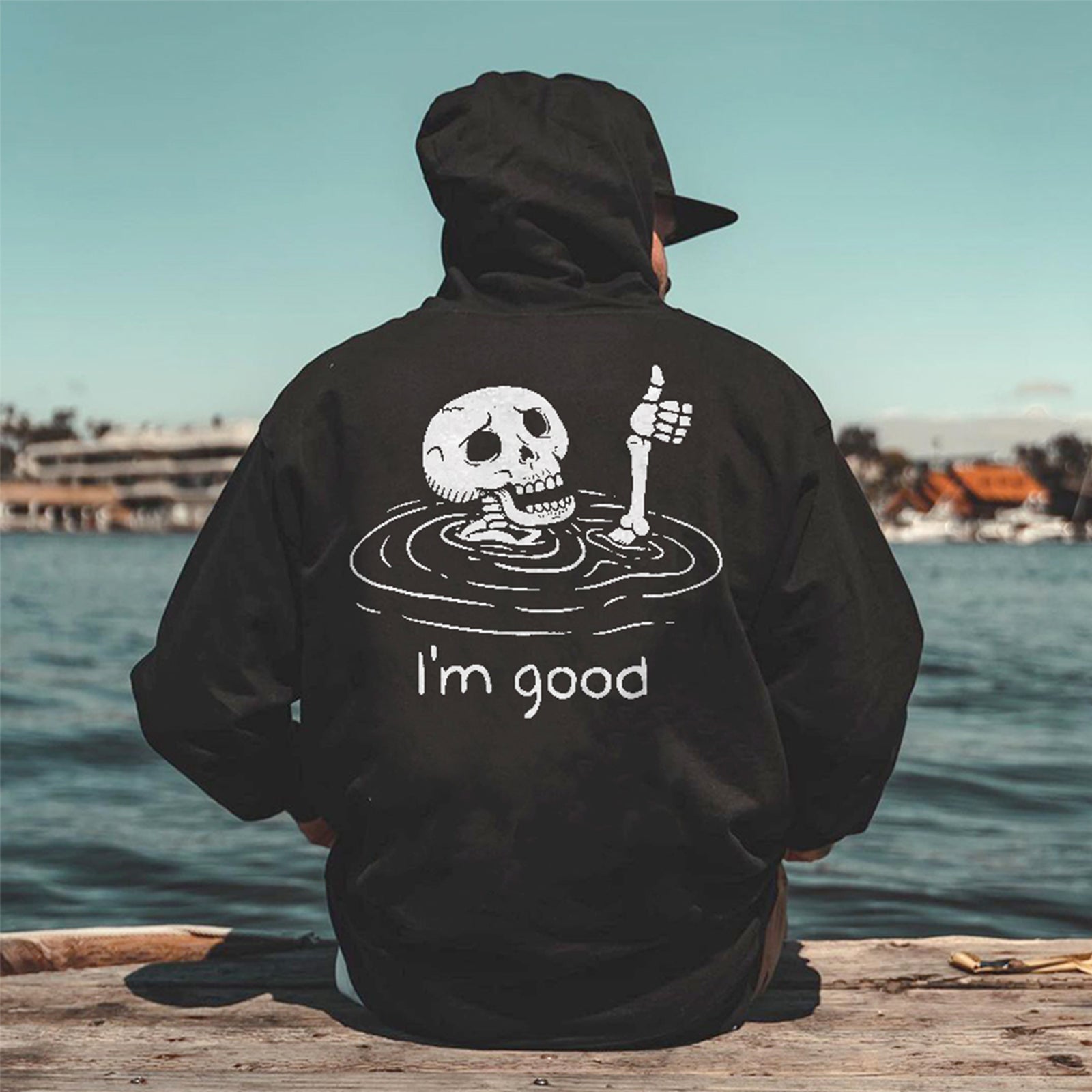 Cloeinc Skull Thumb Up I'M Good Print Men Hoodie - chicyea