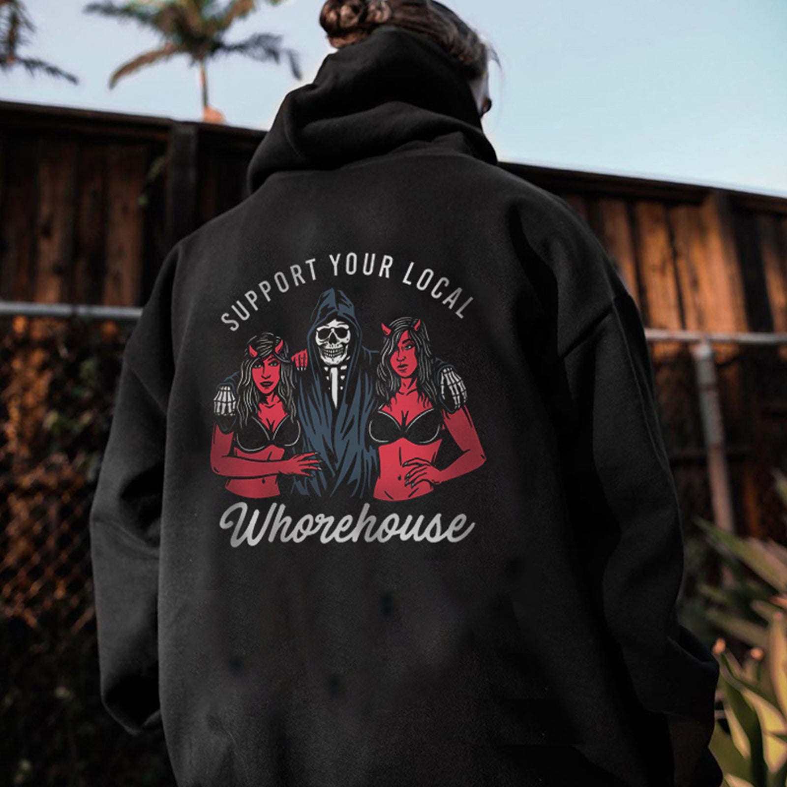 Cloeinc Skull And Sexy Lady Support Your Local Printed Reaper Hoodie - chicyea