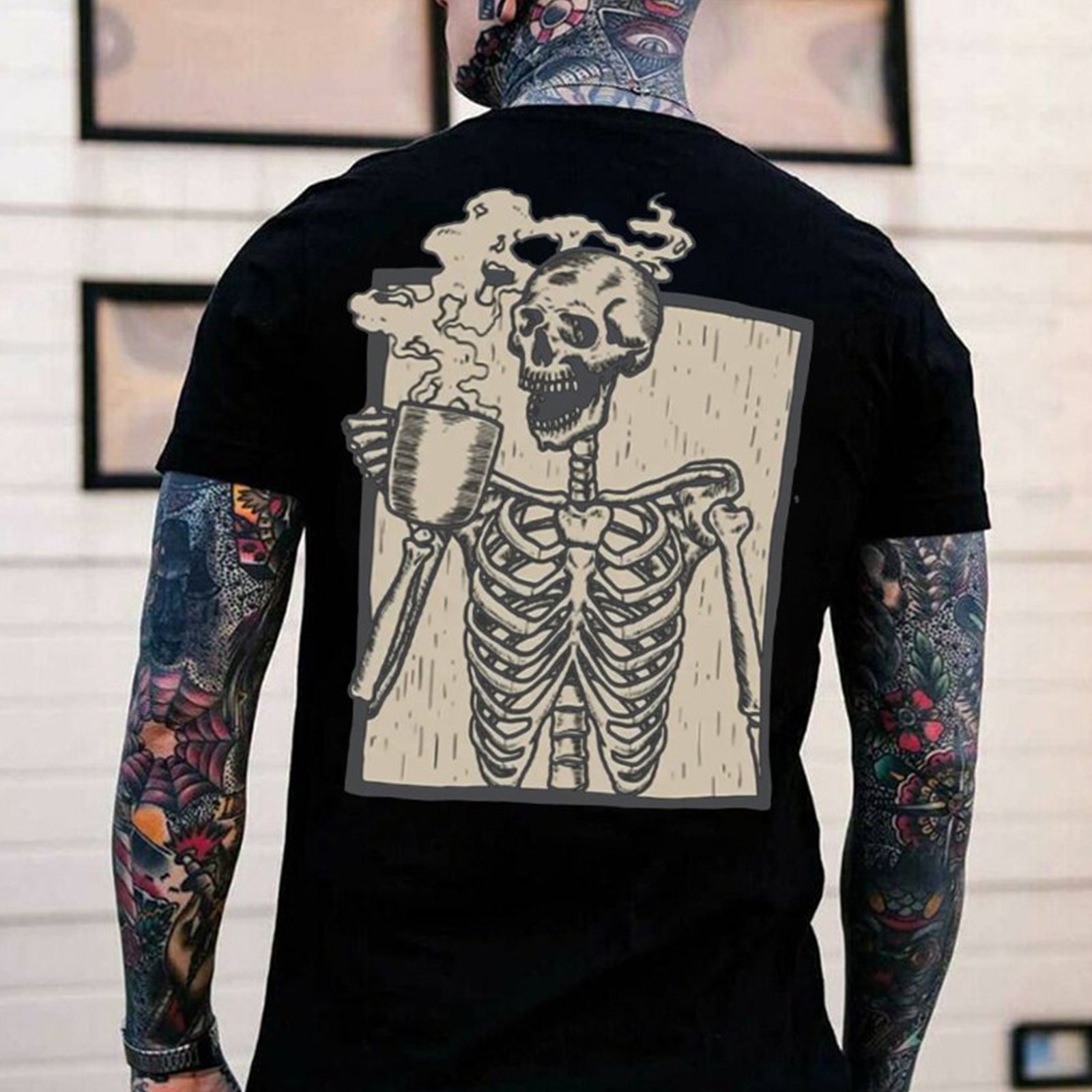 Cloeinc Skull Drinking Coffee Printing Casual T-Shirt - chicyea