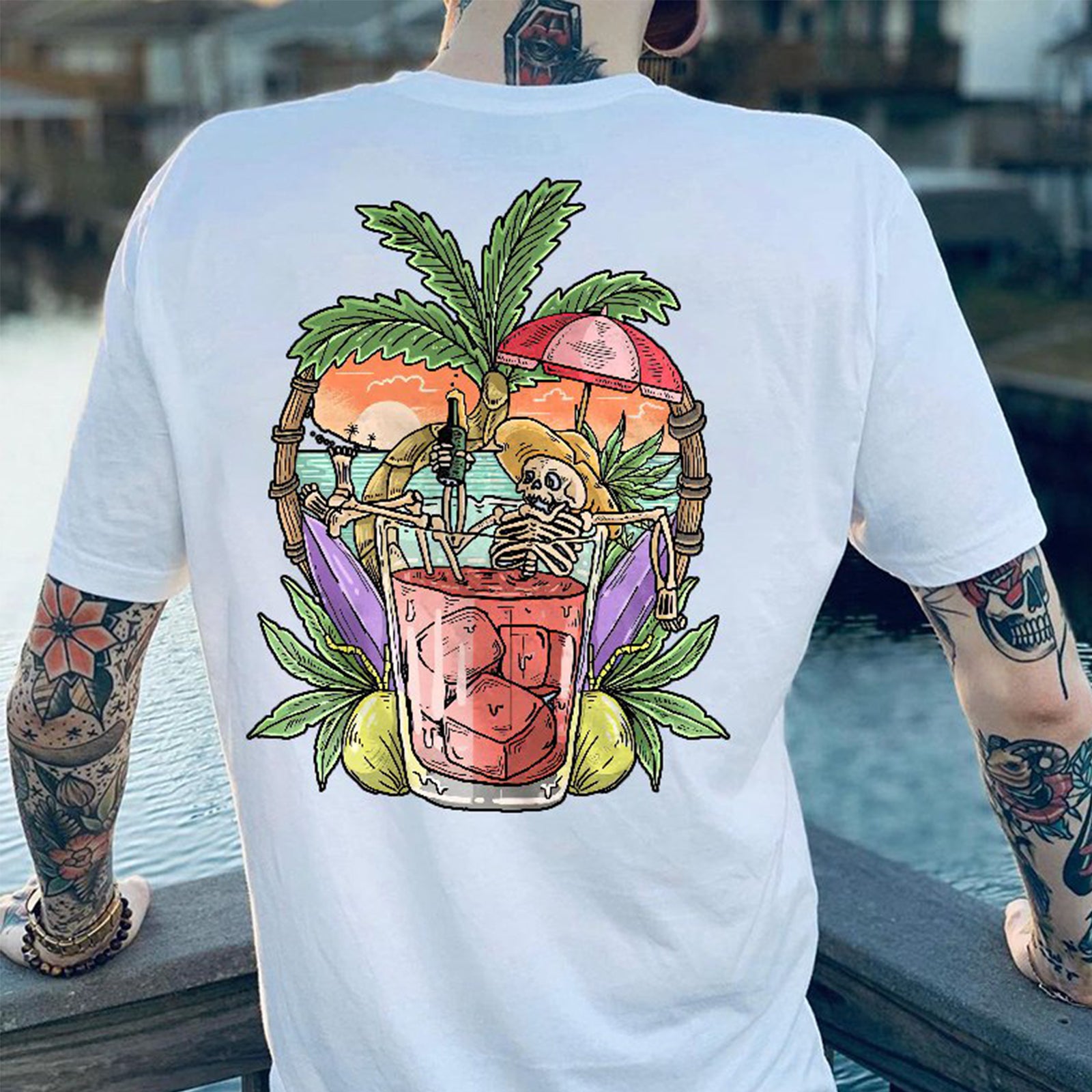 Cloeinc Skull Beach Drinking Graphic Men T-Shirt - chicyea
