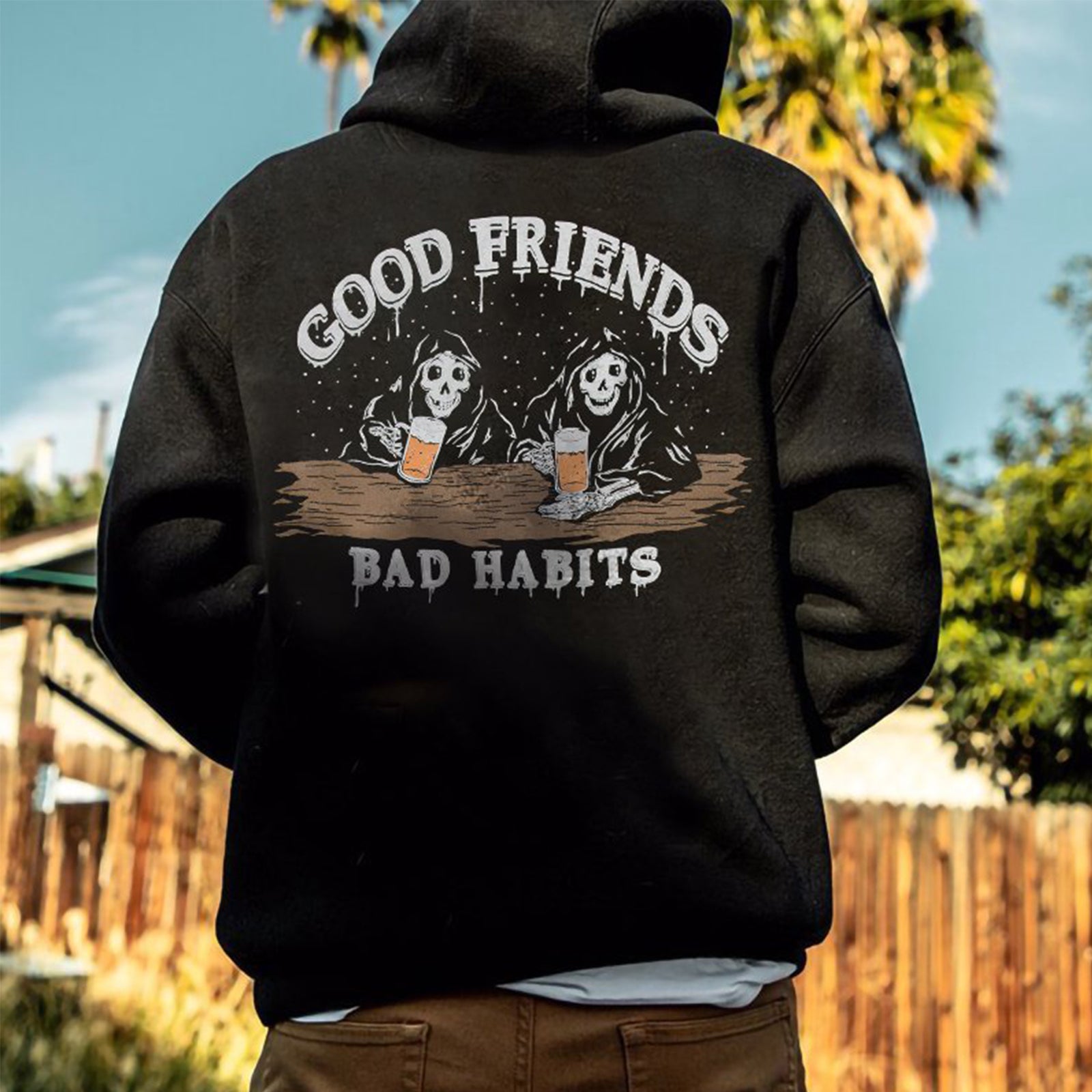 Cloeinc Bad Habits Drinking Skull Print Hoodie - chicyea