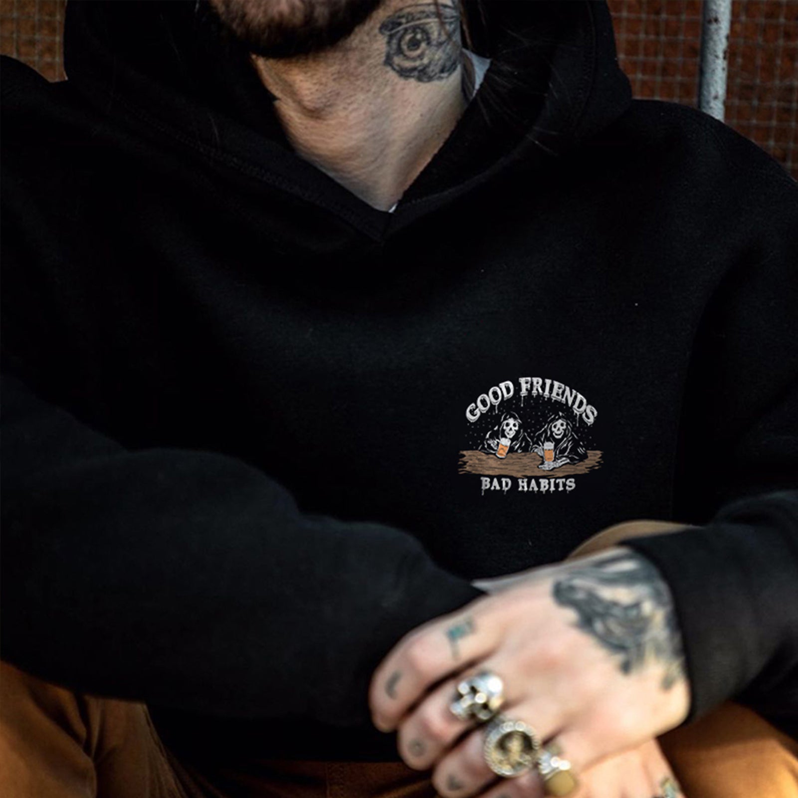 Cloeinc Bad Habits Drinking Skull Print Hoodie - chicyea