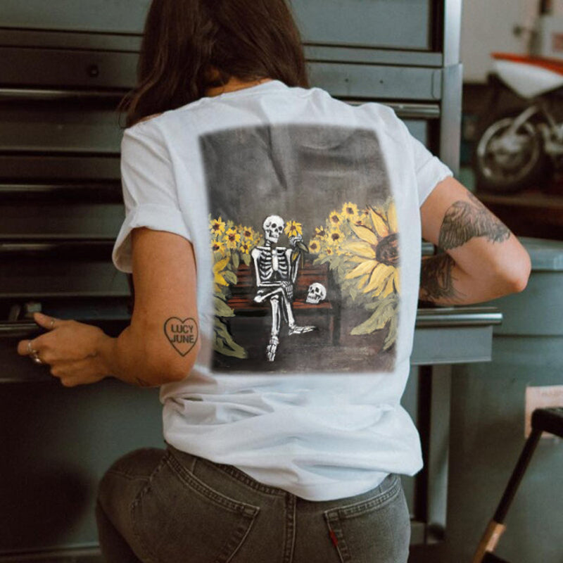 Minnieskull Sunflower Skull Printed Women T-Shirt - chicyea