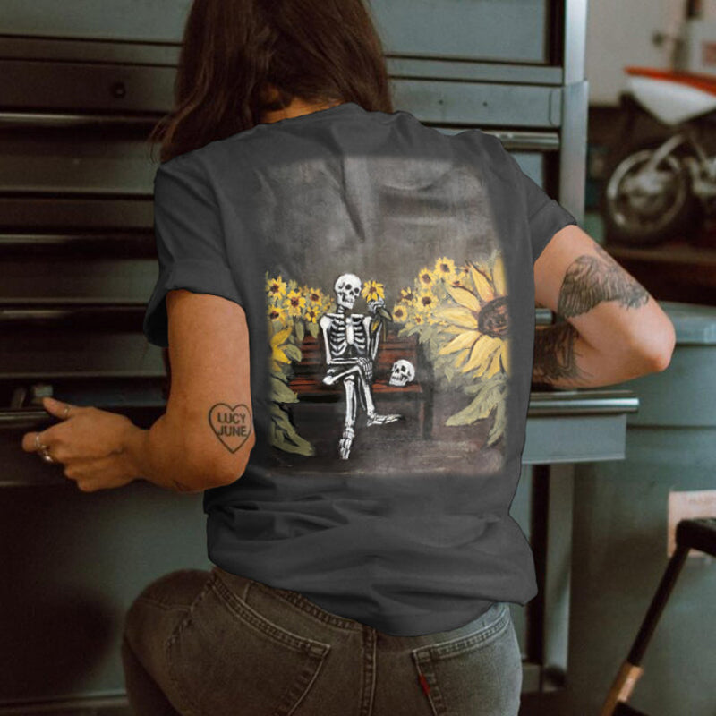 Minnieskull Sunflower Skull Printed Women T-Shirt - chicyea