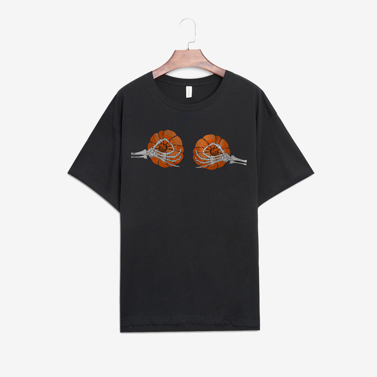 Neojana Black Pumpkin Skull Palm Print T-Shirt - Chicyea